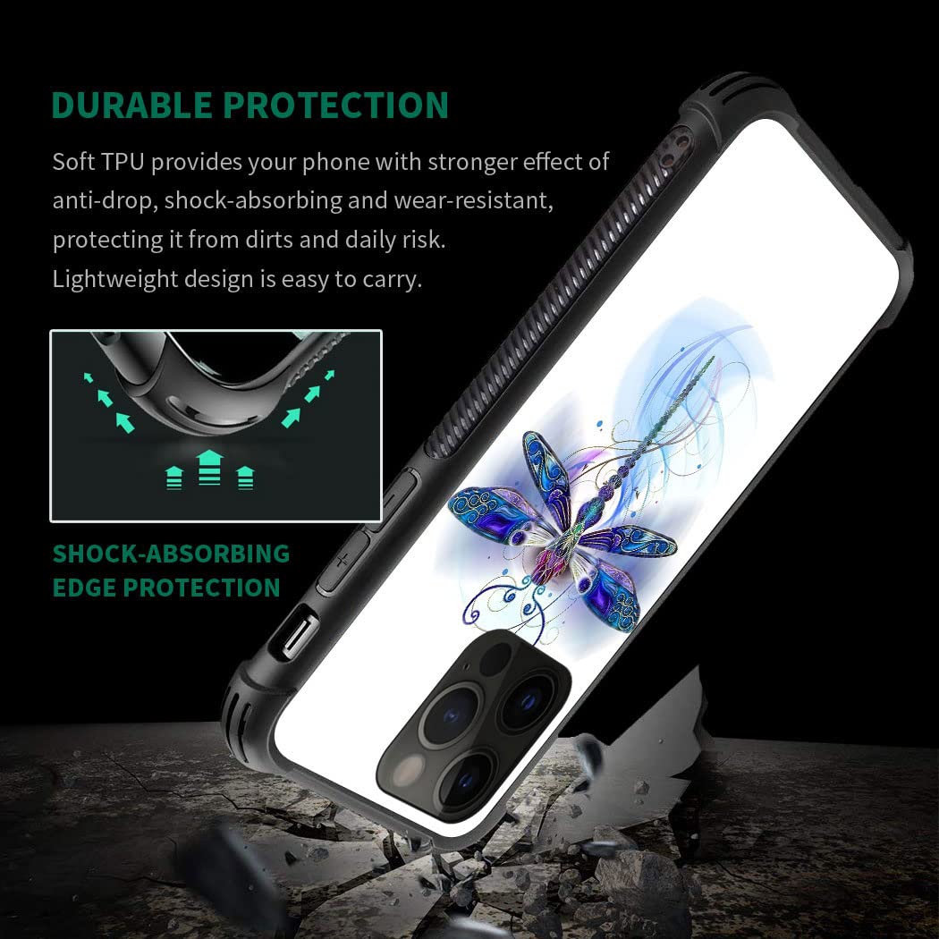 ZHEGAILIAN iPhone 14 Pro Shock Protective Case Tempered Glass Soft Silicone TPU Blue Dragonfly