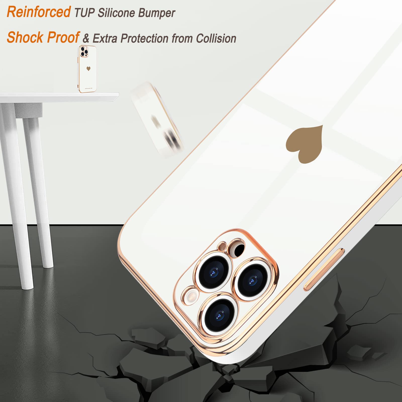 Teageo For Iphone 13 Pro Case For Women Girl, Cute Love Heart Luxury Bling Plating Soft Back Cover, Raised Full Camera Protectio