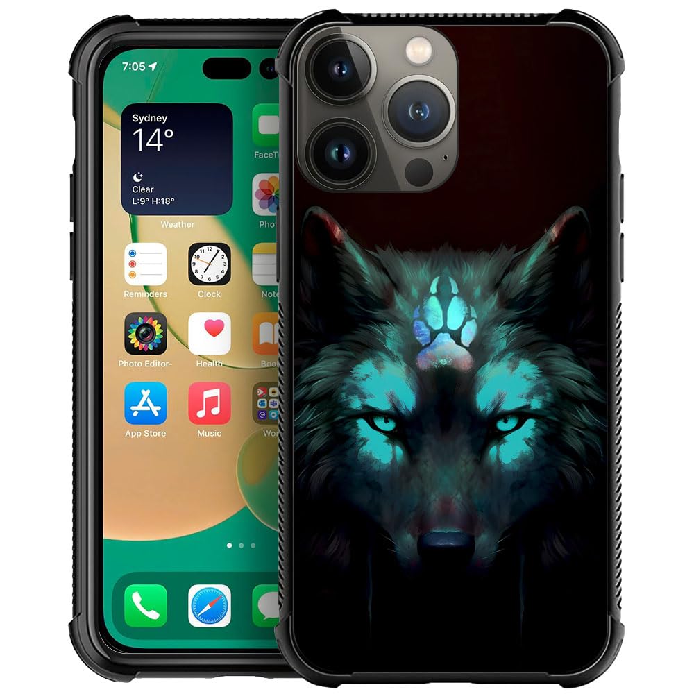 CARLOCA iPhone 13 Hard Acrylic Case Shockproof Anti-Scratch Spiritual Wolf Black Graphic