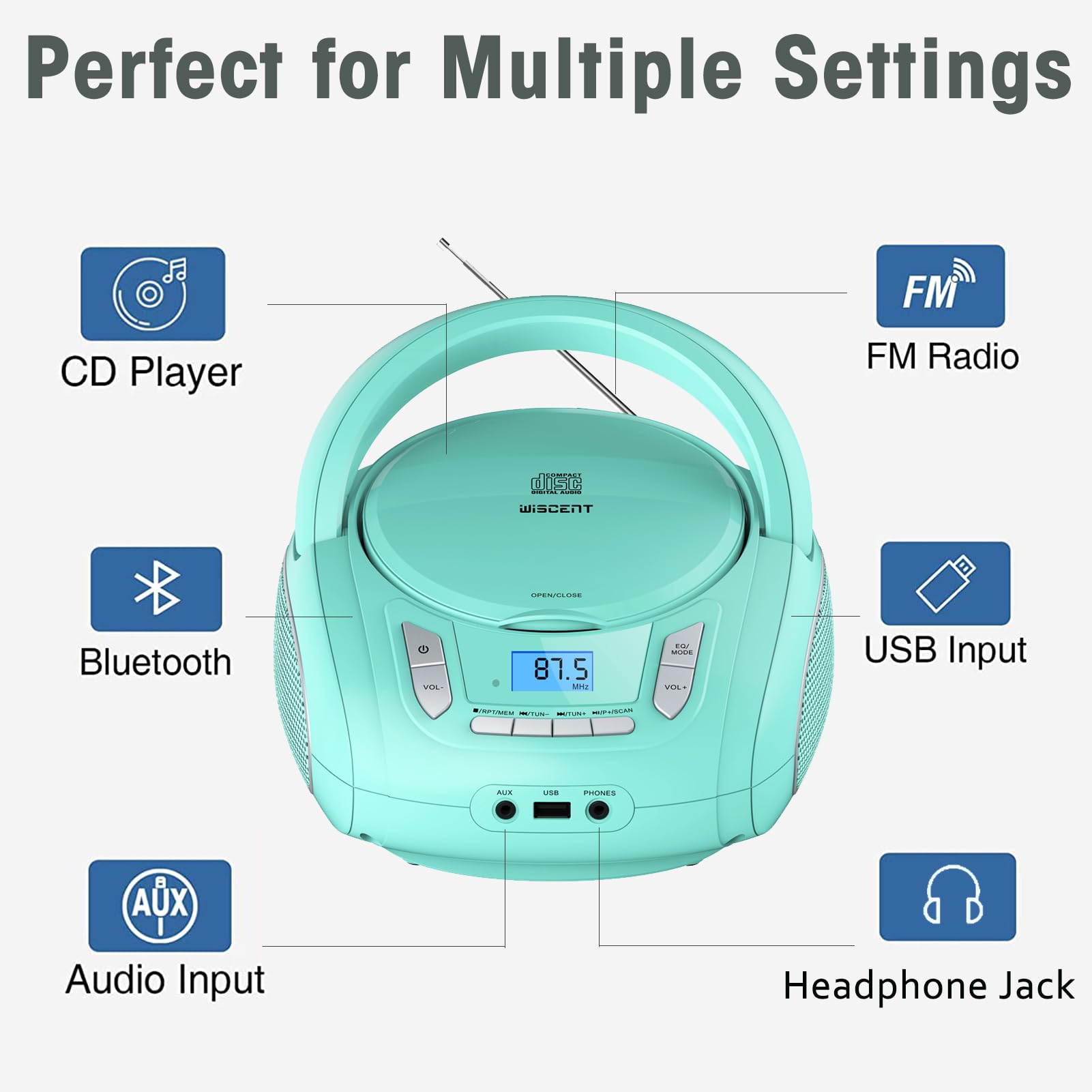 Portable Cd Player Boombox With Bluetooth,Fm Radio,Usb Mp3 Playback,Aux In,Headphone Jack,Cd R/Rw And Mp3 Cds Compatible,Cd Play
