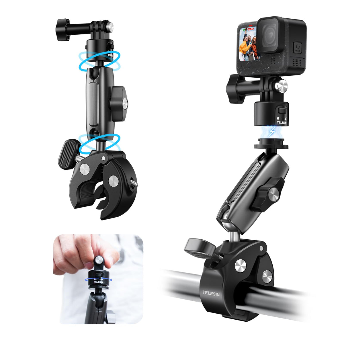Telesin� S2 Quick Release Clamp Bike Mount Motorcycle Handlebar Holder, Roll Bar Tube Clip Mounting Accessories For Gopro13 12 11 10 9 8 7 Go Pro Max Insta360 X3 X4 Go3 Ace Pro Dji Action 3 4 Pocket 3