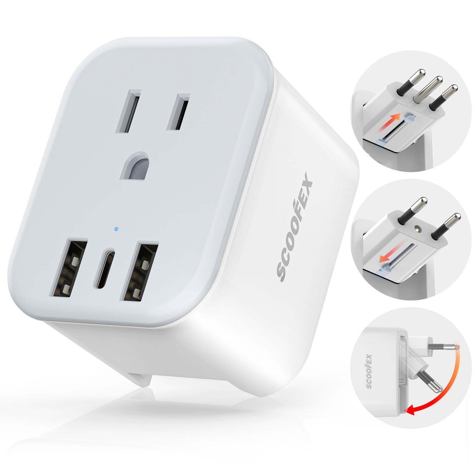 European Travel Plug Adapter   Scoofex Foldable Power Plug With 3 Usb (1 Usb C Port) And 1 Ac Outlets Charger For Us To Most Of