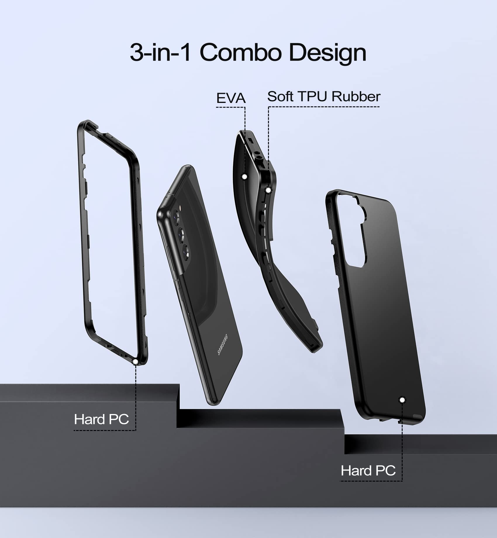 WeLoveCase Phone Case 3-in-1 Full Body Heavy Duty Shockproof Hybrid TPU PC Bumper for Samsung Galaxy S21 Black