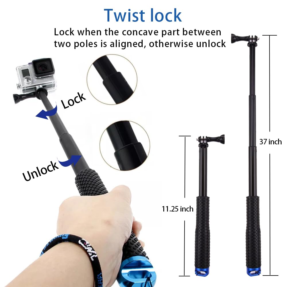 Vvhooy Selfie Stick Extendable 11.25-37Inch Handheld Aluminum Telescopic Pole Monopod Compatible With Gopro Hero 12 11 10 9 8 7