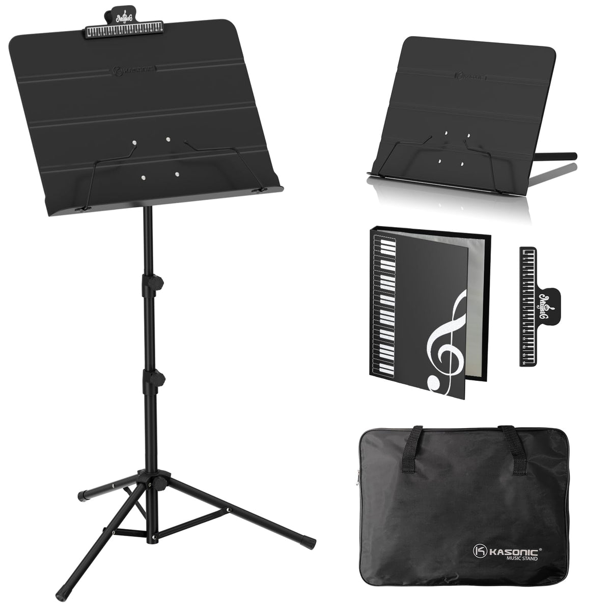 Kasonic Dual Use Folding Sheet Music Stand & Desktop Book Stand With Portable Carrying Bag, Sheet Music Folder & Clip Holder (Black)
