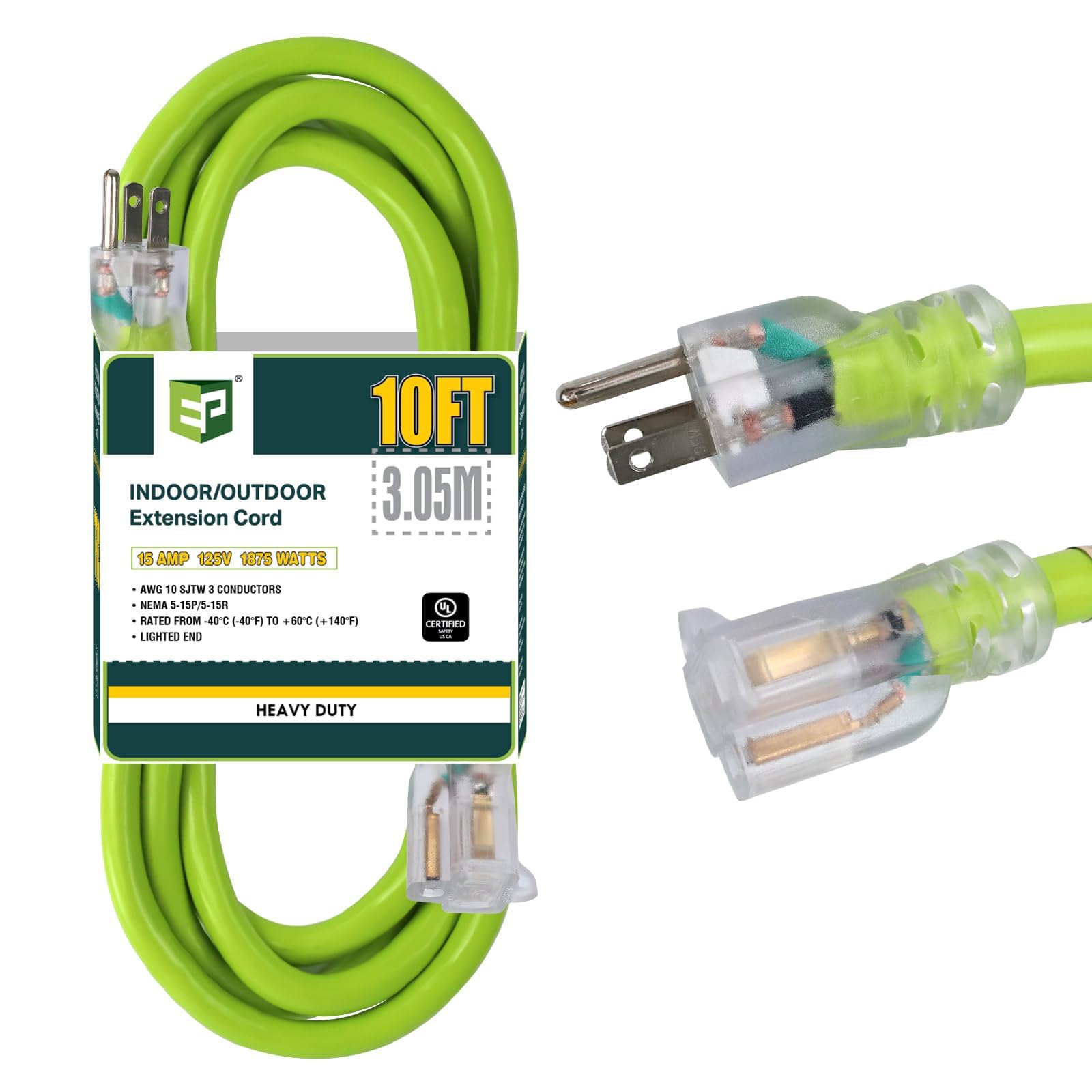 Ep 10 Ft Lighted Outdoor Extension Cord   10/3 Sjtw Heavy Duty Green Extension Cable With 3 Prong Grounded Plug For Safety, Ul L