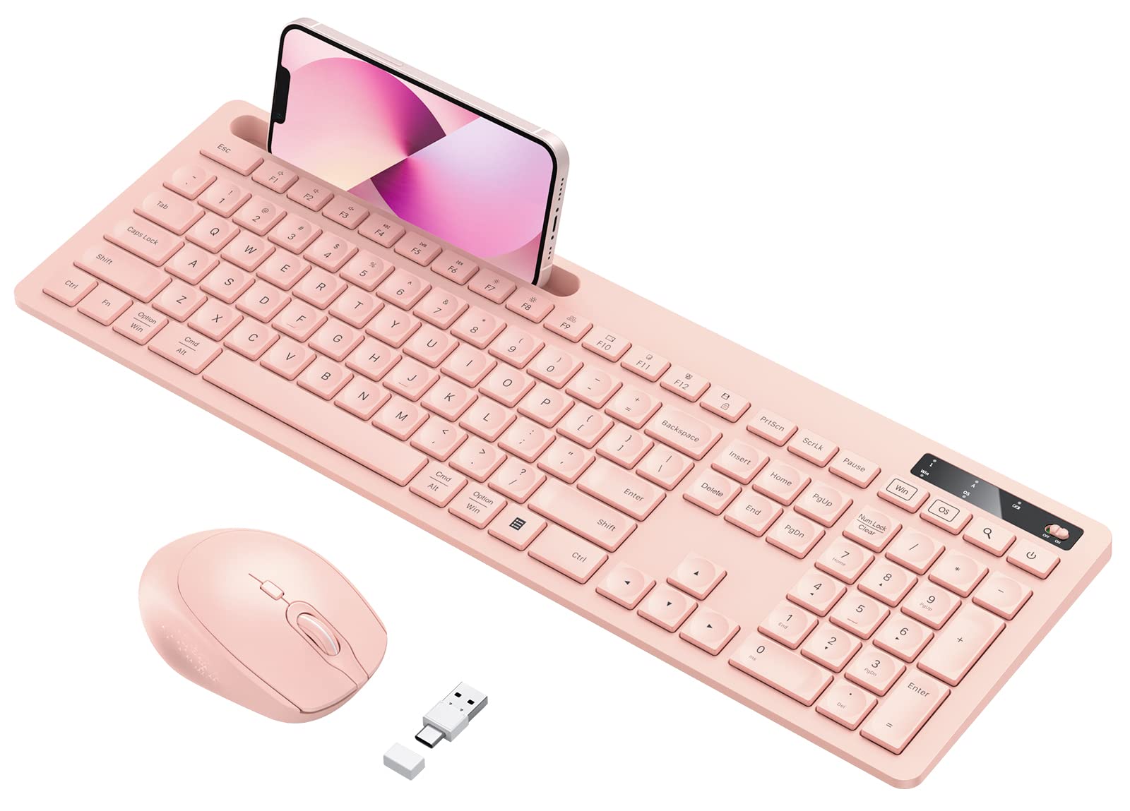 Wireless Keyboard And Mouse For Macbook, Vivefox Pink Wireless Keyboard With Phone Holder Usb A & Type C Receiver Rose Gold Keyb