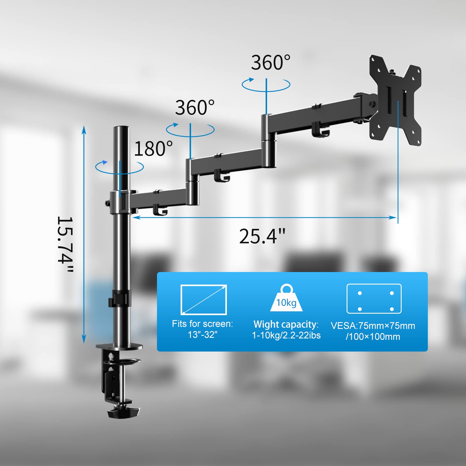 Single Long Monitor Stand, 13 To 32 Inch Computer Monitor Desk Mount, Extra Long Adjustable Monitor Arm, Vesa Stand For 1 Screen