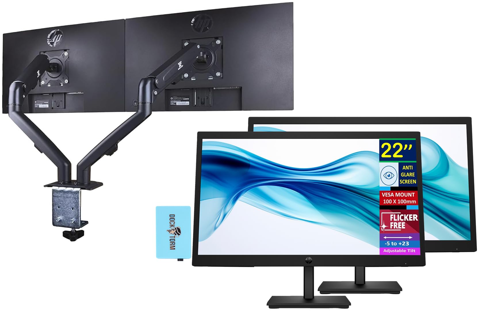 HP 22 FHD VA Monitor with 5 ms Response Time, Anti-Glare, Flicker Free, VESA Mount (100x100mm), HDMI, VGA & Dockztorm USB Port E