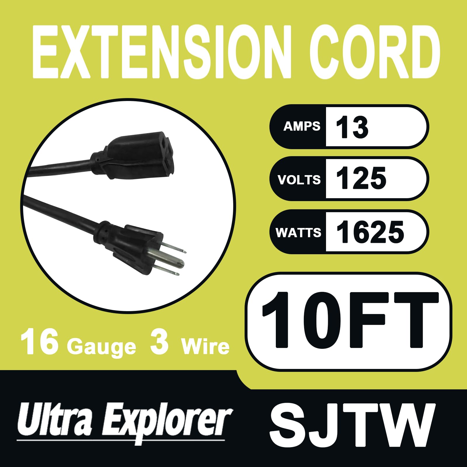 10 Ft 16/3 Outdoor Extension Cord Waterproof   16 Gauge 3 Prong Electric Cord, Sjtw, 13A 1625W 125V, Grounded Plug Extension Wir