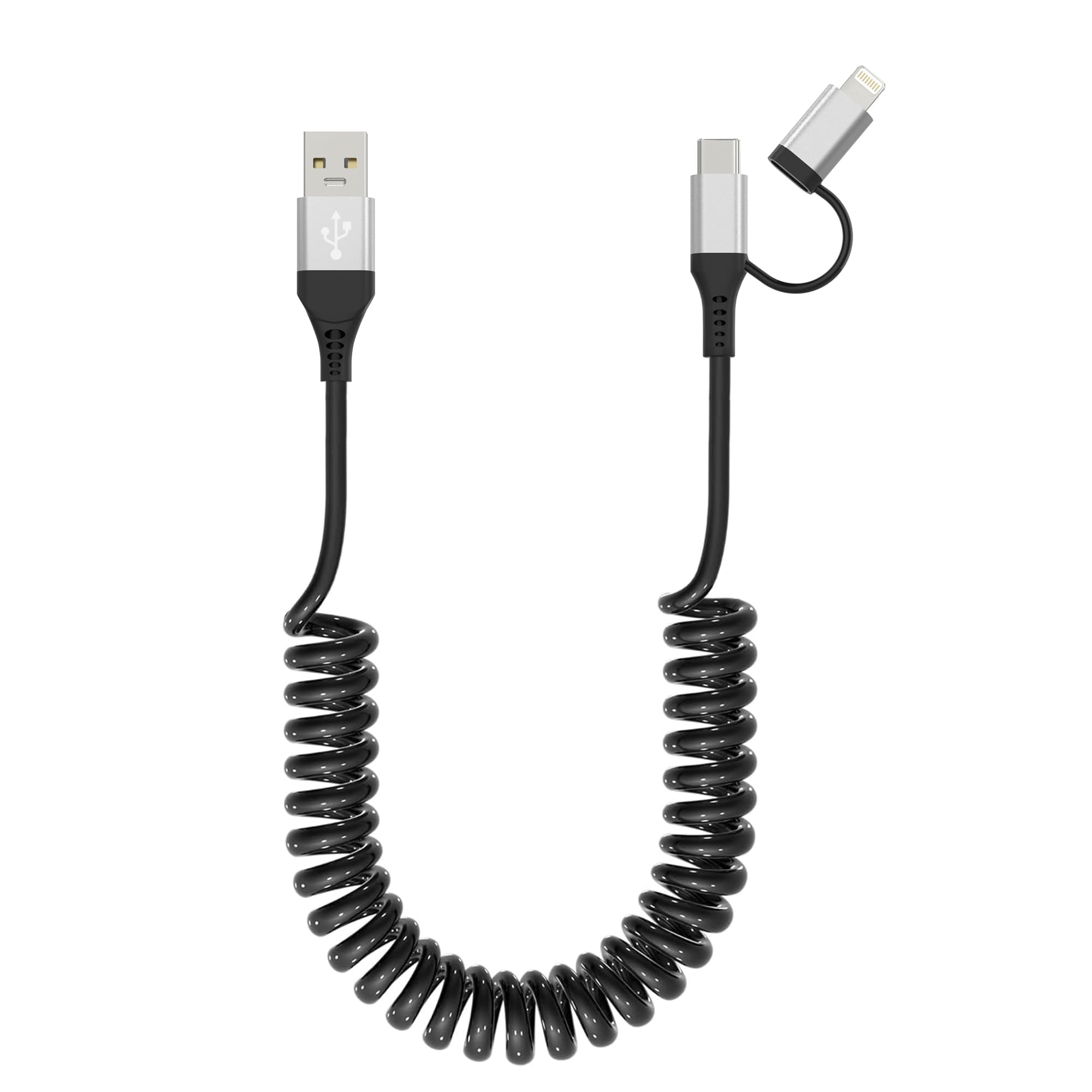 Usb To Usb C And Lightning Cable 2 In 1 Coiled Cable Aple Carplay & Android Auto Compatible [Mfi & 3A Fast Charge & Data Sync] Coiled Lightning And Usb C Cable For Iphone 15/14/13/12/Android, Silver