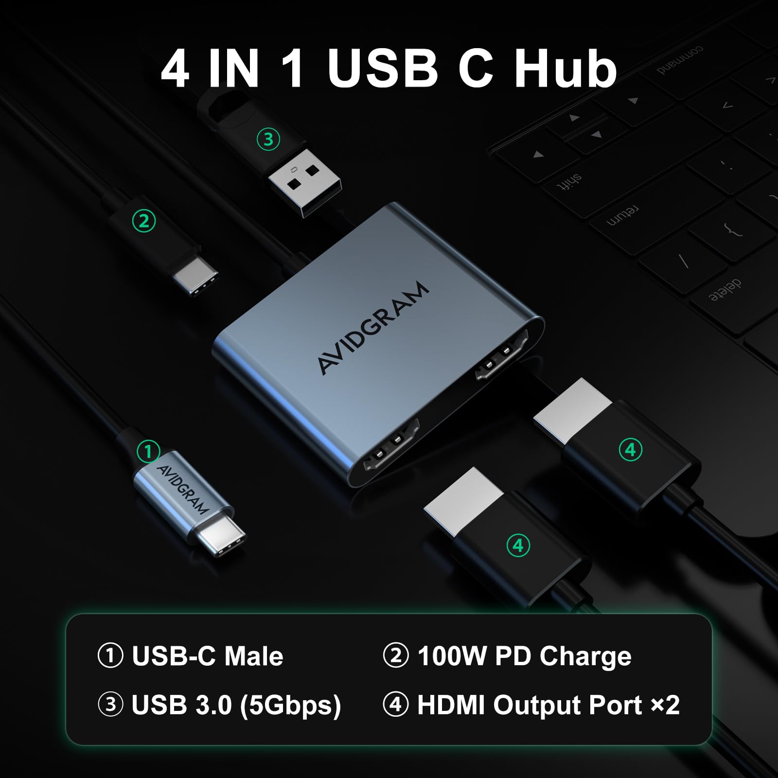 Usb C To Dual Hdmi Adapter 4K 30Hz, Avidgram Usb C Hub Multiport Adapter With Dual Hdmi, Usb 3.0, 100W Pd, Support Usb C To Hdmi