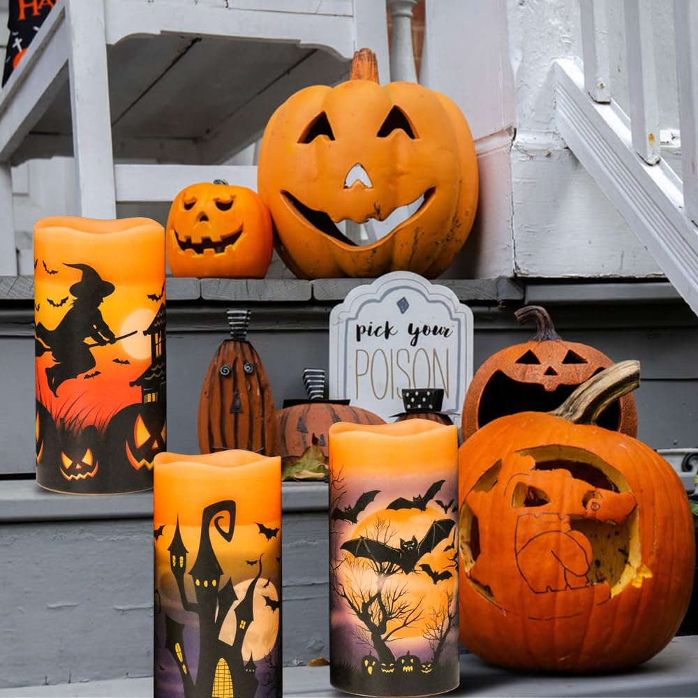 Wondise Halloween Flameless Flickering Candles With 6Hrs Timer, Battery Operated Candles With Halloween Decals Real Wax Led Pill