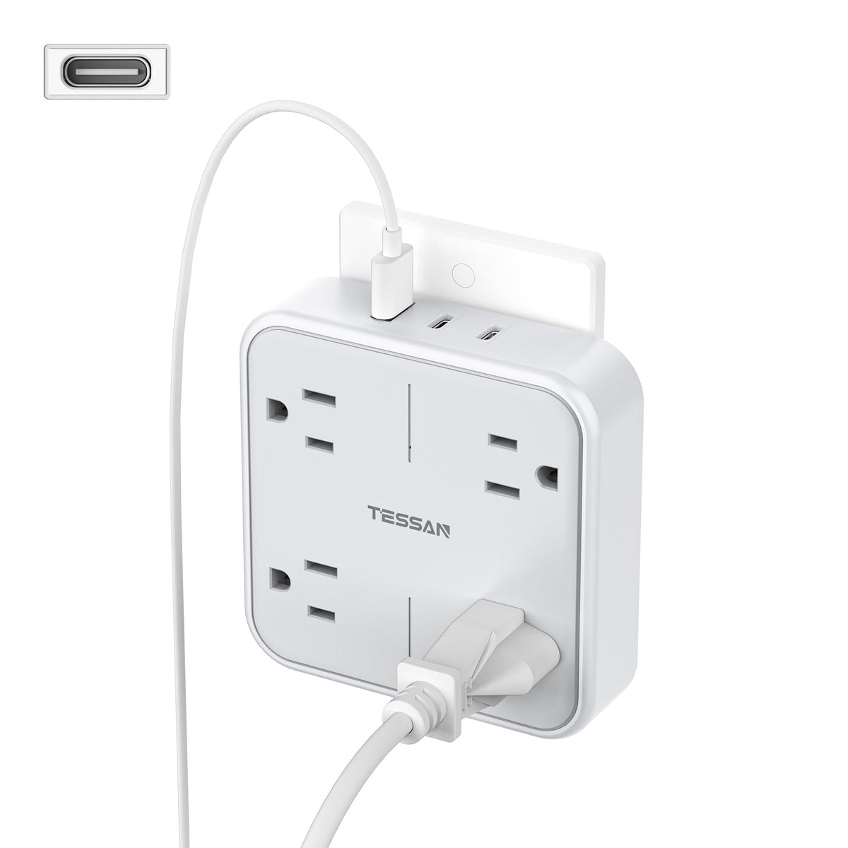 Multi Plug Outlet Extender, Tessan Outlet Splitter 4 Outlets 3 Usb Wall Charging Ports (2 Usb C), Wide Spaced Multiple Expander