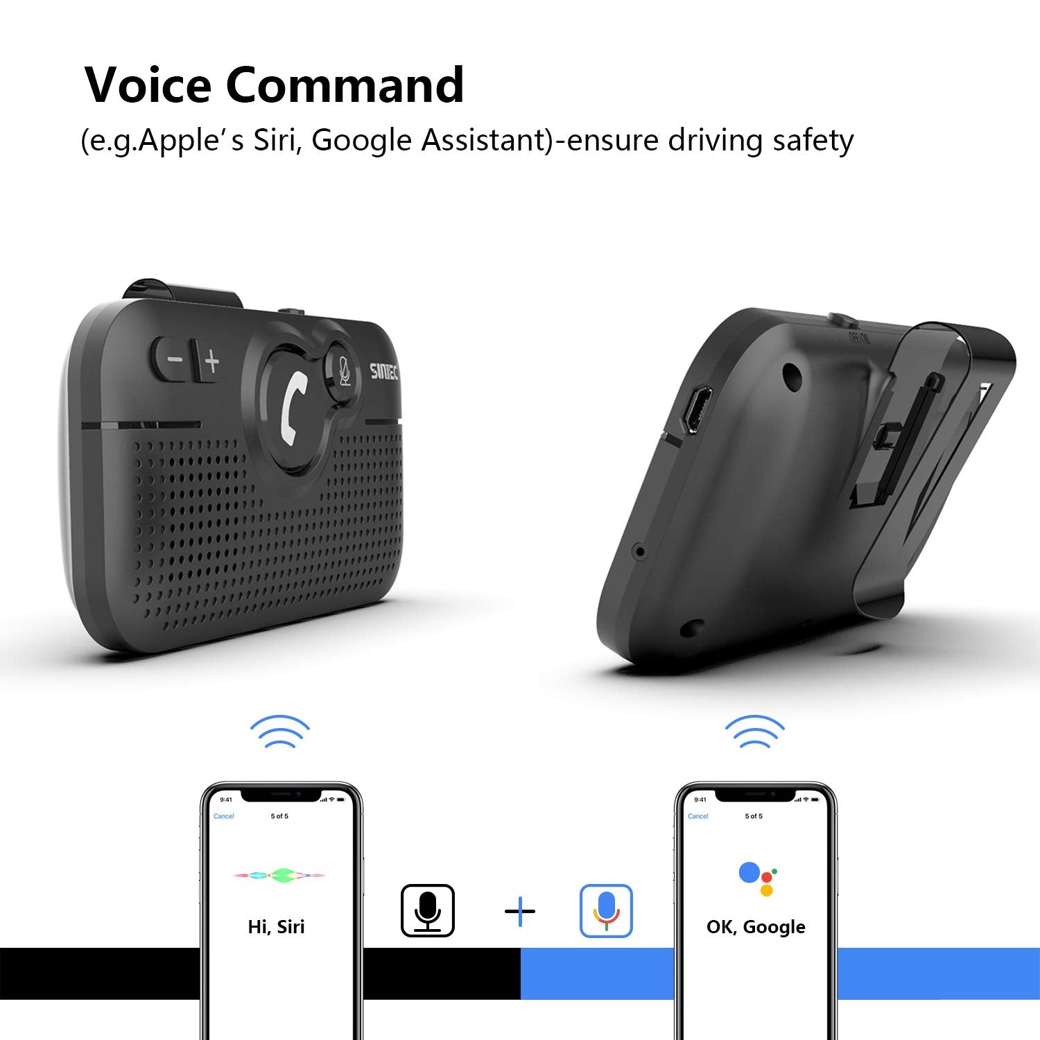 Sunitec Handsfree Bluetooth Car Kit For Cell Phone, Wireless Bluetooth Speaker For Car, Auto Power On Support Siri Google Voice
