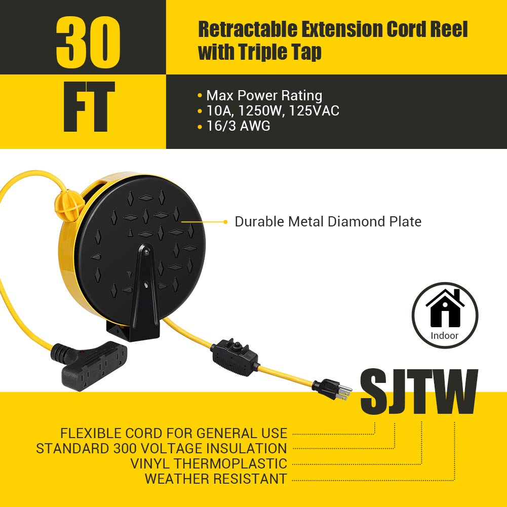 Dewenwils 30 Ft Retractable Extension Cord Reel, Ceiling/Wall Mount 16/3 Gauge Sjtw Power Cord With 3 Electrical Outlets Pigtail
