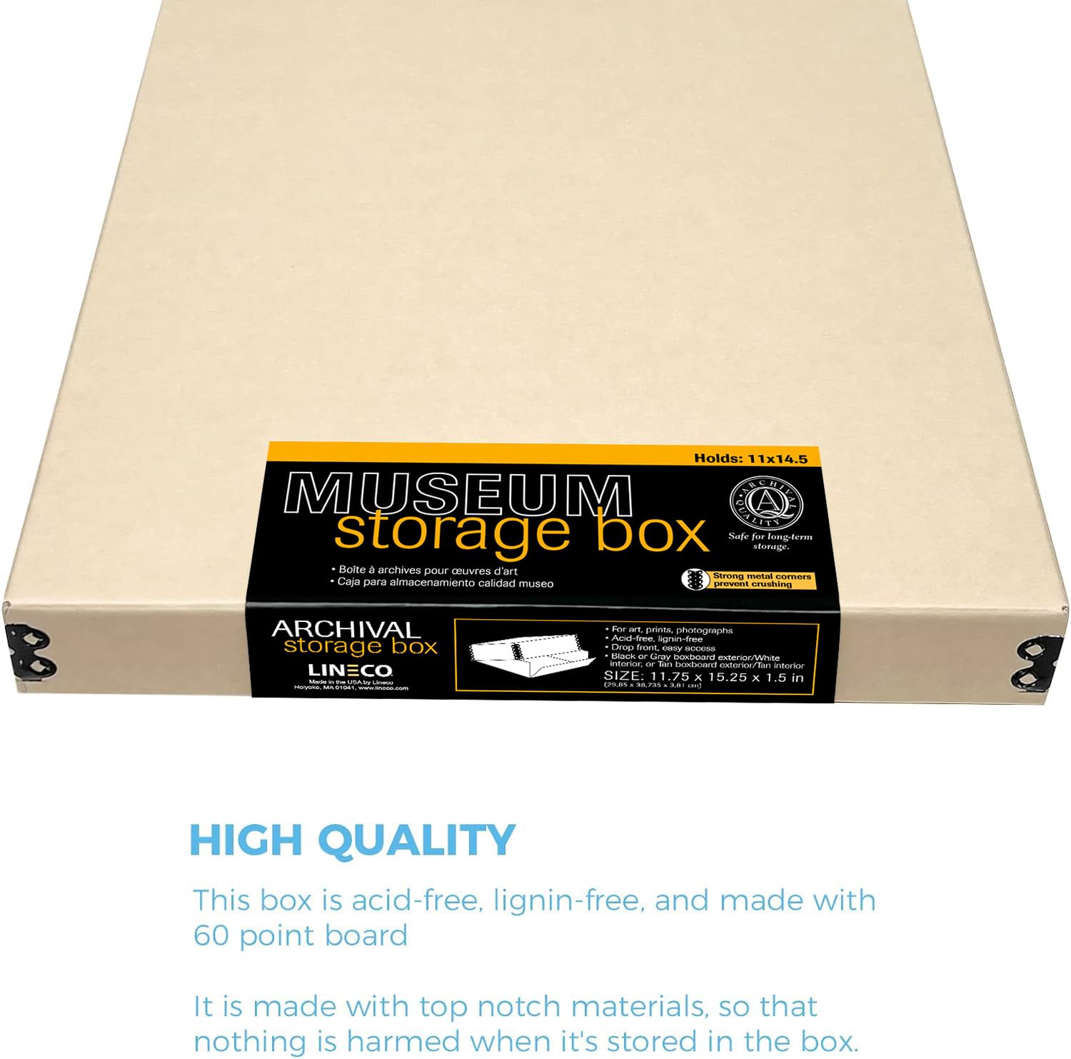 Lineco Museum Archival Storage Box, 11.75X15.25X1.5 In. Drop Front Design. Acid-Free With Metal Edge. Organize Photos, Pictures,