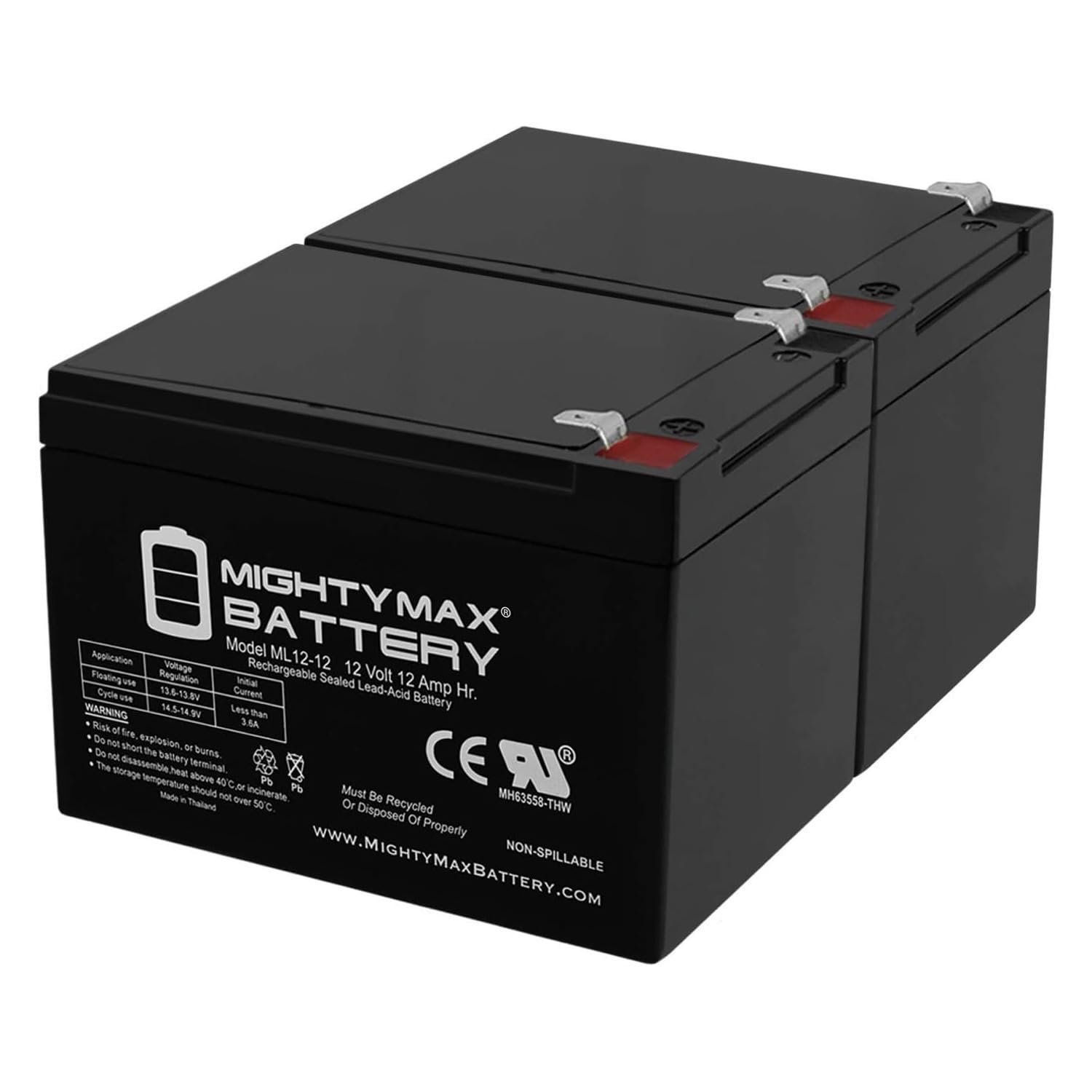 Mighty Max Battery ML12-12 - 12 Volt 12 AH SLA Battery F2 Terminal - Pack of 2