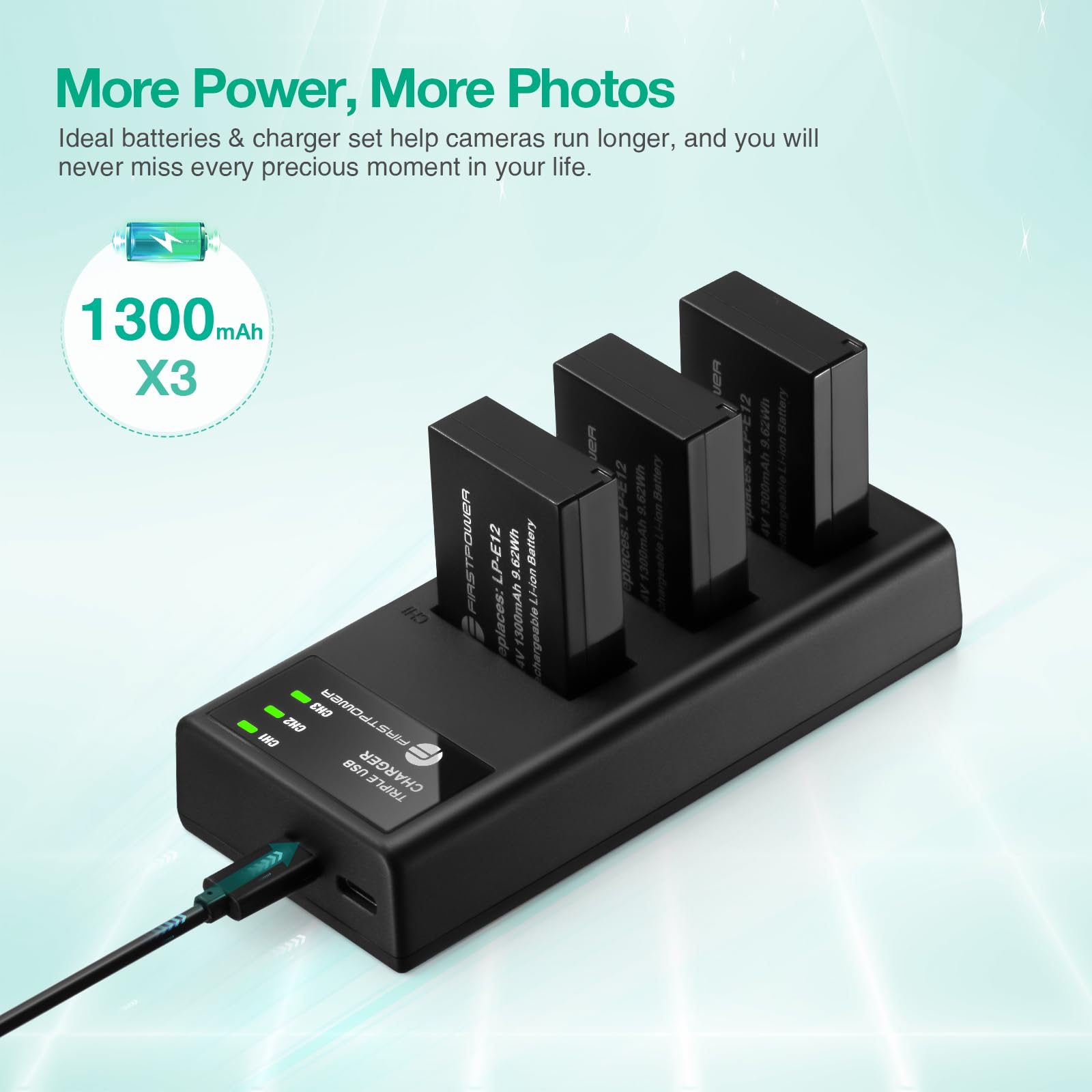 Firstpower Lp E12 Battery 3 Pack And Triple Slot Charger For Canon Eos M50, M50 Mark Ii, M, M2, M10, M100, M200, Rebel Sl1, Powe