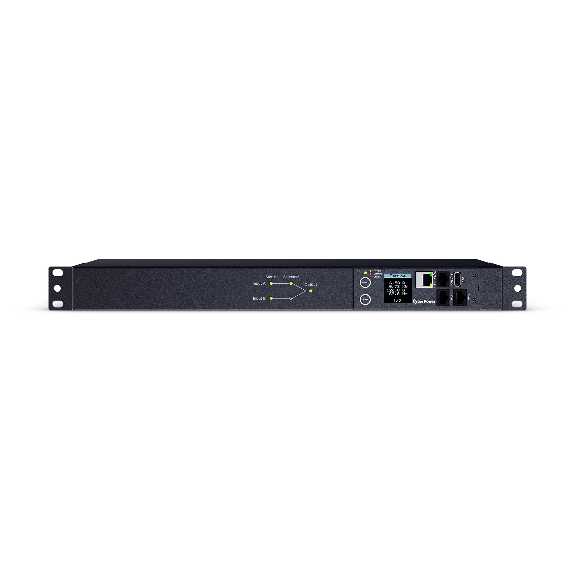 Cyberpower Pdu44002 Switched Ats Pdu, 100 120V, 20A (Derated To 16A), 10 Outlets, 1U Rackmount