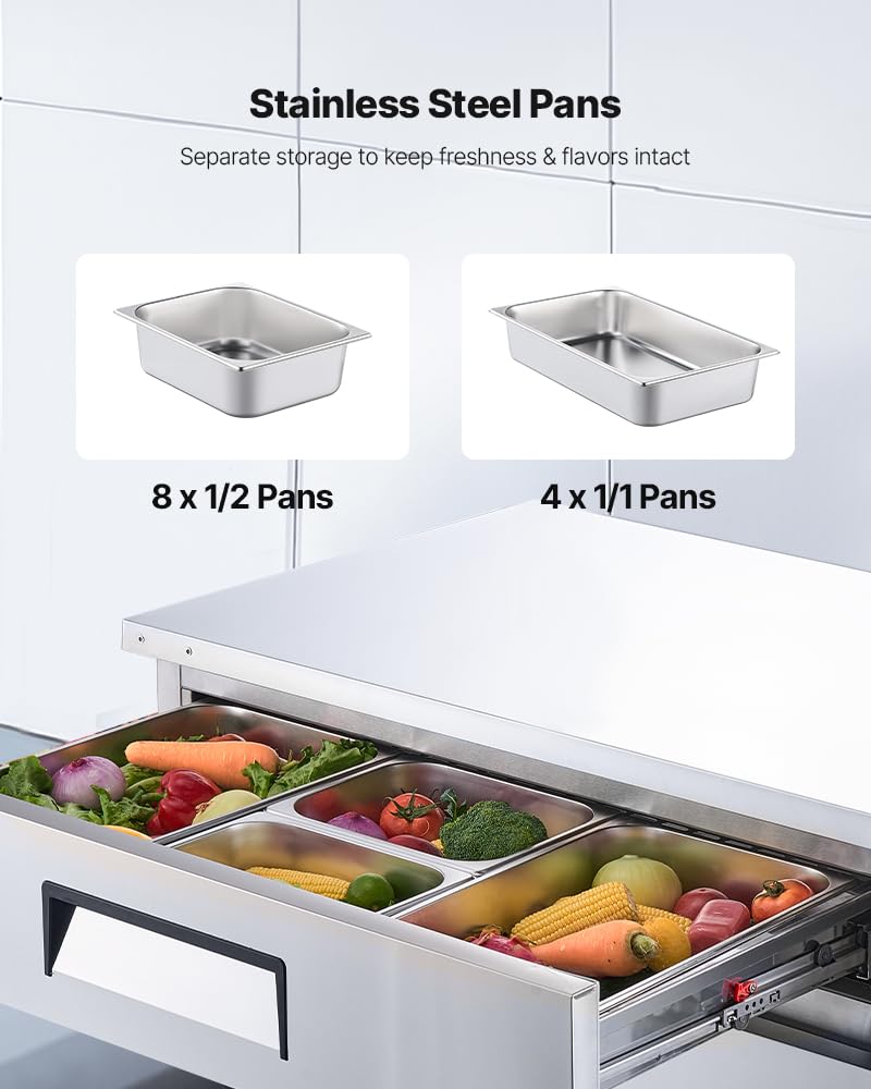 Vevor Chef Base Refrigerator, 52 W Commercial Chef Bases Worktop Refrigerators, 2-Drawer Under Counter Fridge With 8 Pans Stainl