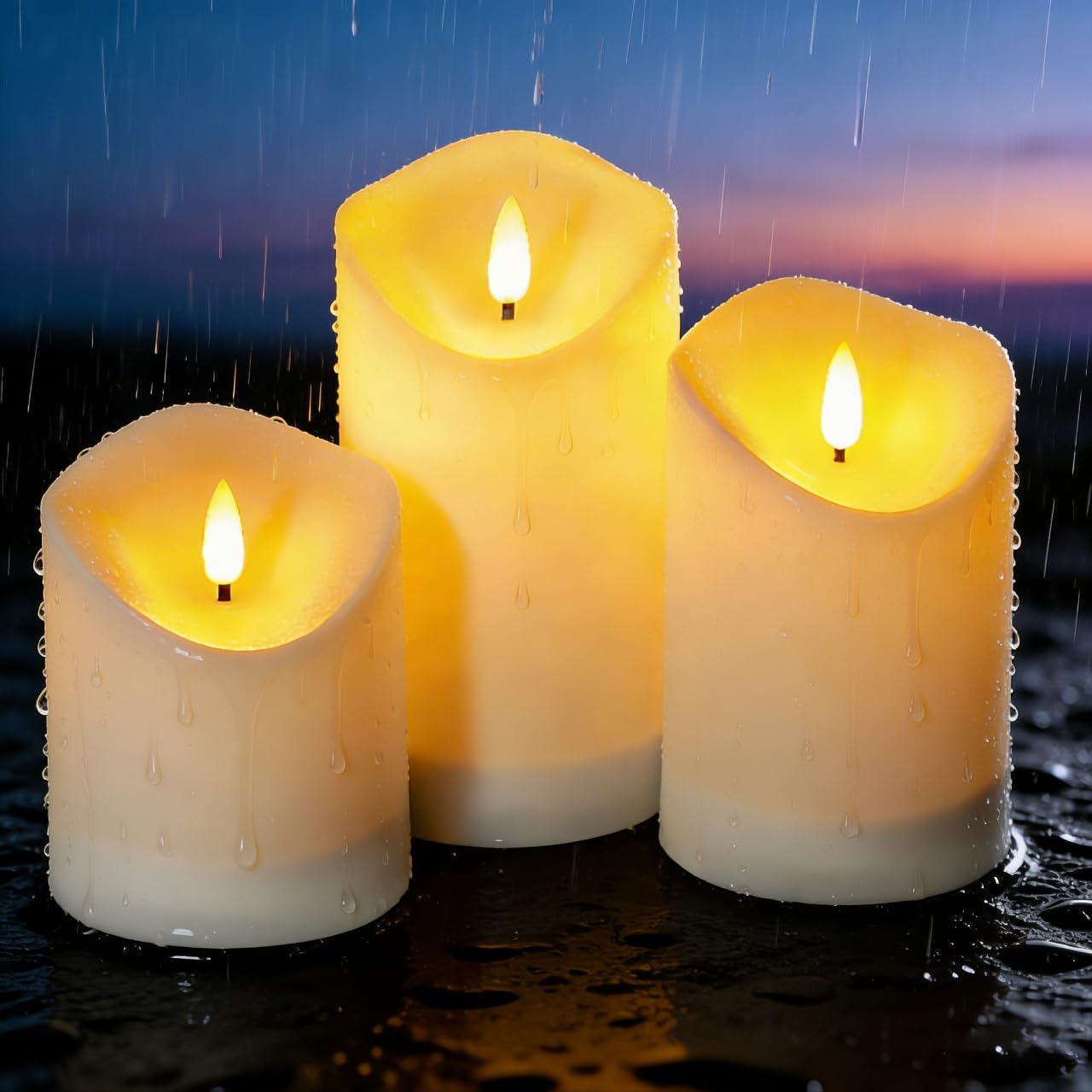 Nimiko Solar Outdoor Waterproof Flameless Candles - 3 Pack Solar & Battery Operated LED Candles, White (D3.25 x 4/5/6 Assorted H