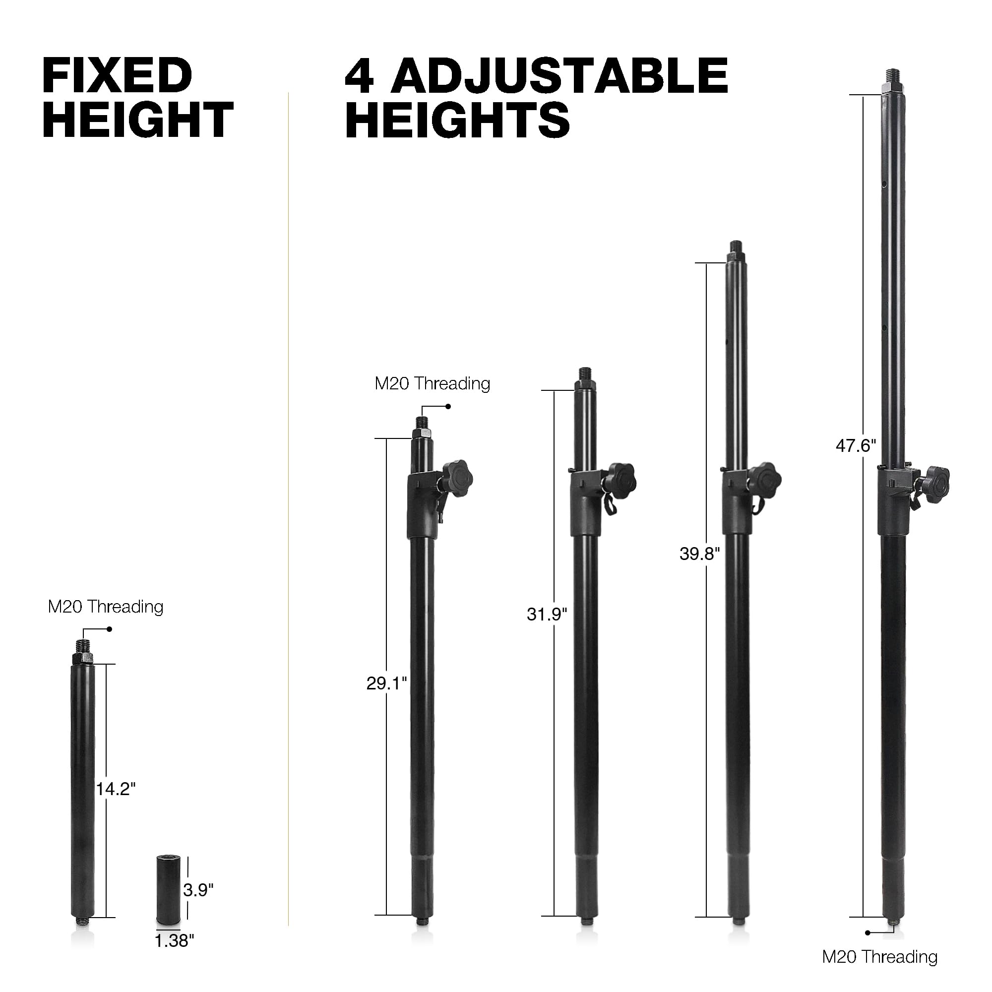 Sound Town Speaker Pole Set, 29-48 Adjustable Height Subwoofer/Speaker Pole And 14 Fixed Height Extended Pole With M20 & 35Mm Ad
