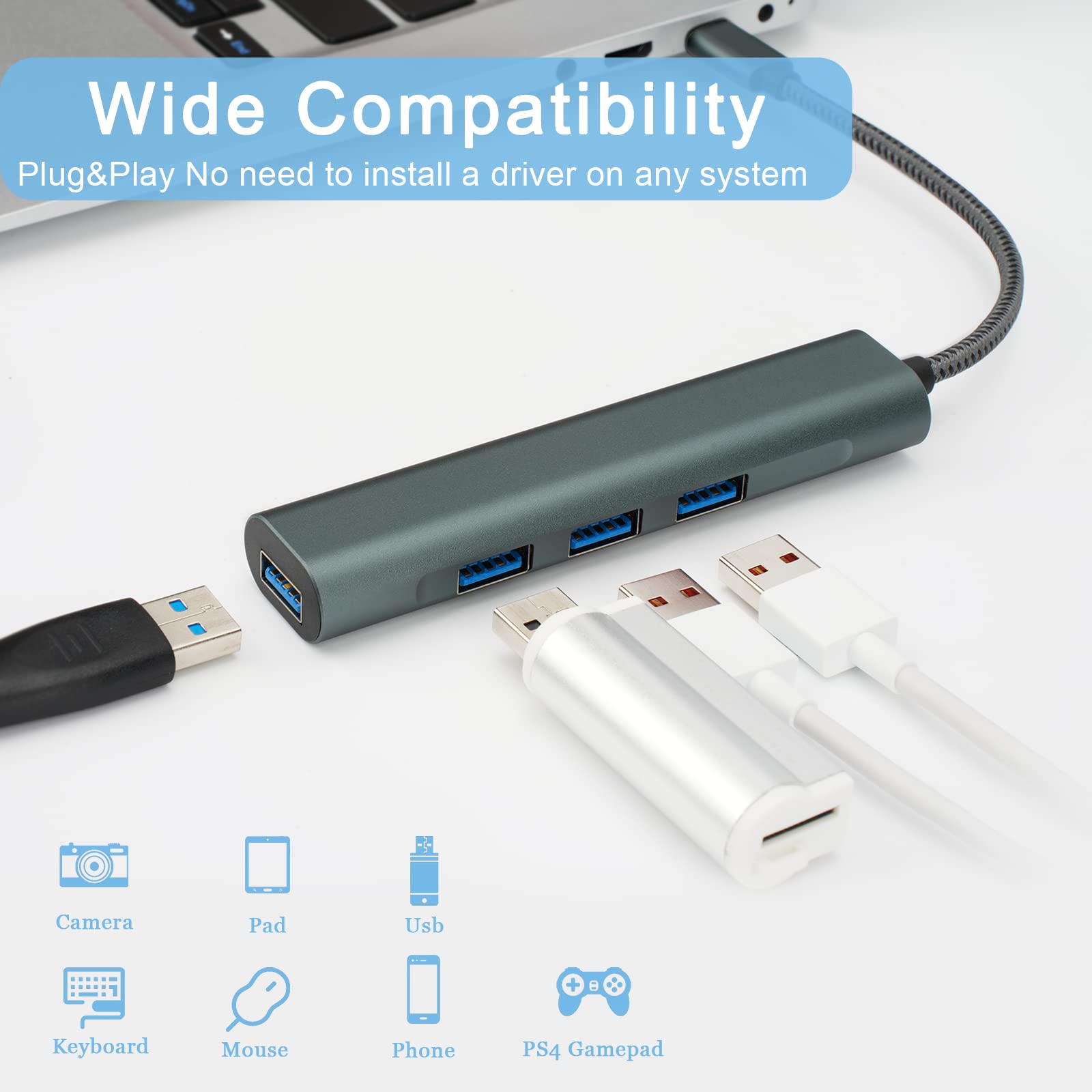 Henrety Usb Hub, 4 In 1 Ultra Slim Portable Data Hub Usb Splitter Usb 3.0 Expander For Laptop, Pc, Macbook, Mac Pro, Mac Mini, I