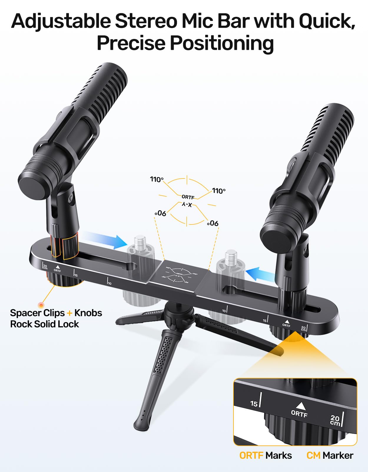 Stereo Array Spacing Microphone Holder With Scale Adjustable Position For Two Mics Or Booms, Mic Mount Bar Fits Most Mic Stands,