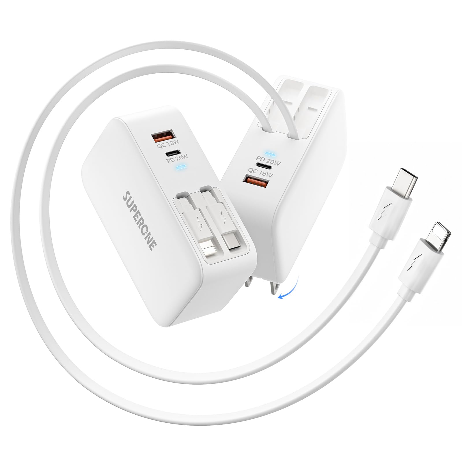 SUPERONE Retractable iPhone Charger, 4-Port USB C Charger Block, iPhone Chargers Fast Charging with USB C & Apple Cable, Wall Ch