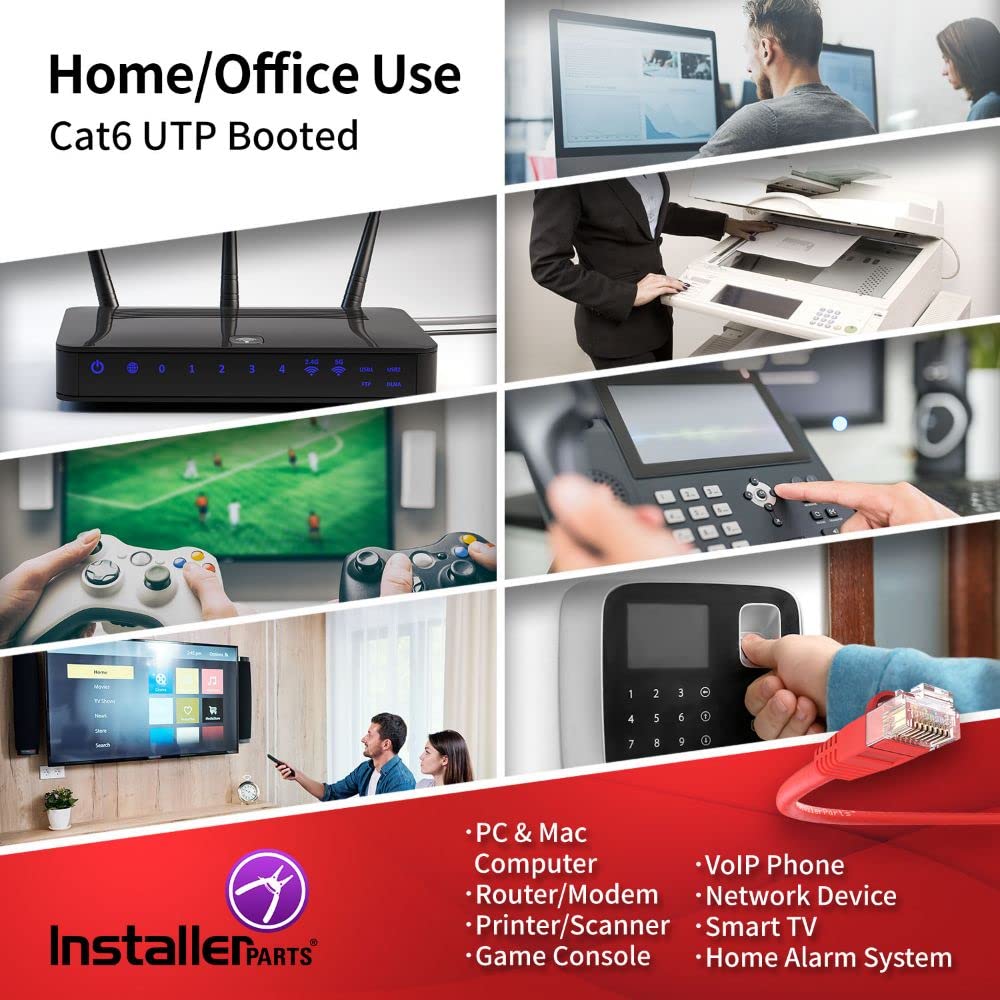 Installerparts Cat6 Cable Utp Booted [Red]   [2 Ft]   [5 Pack]   Professional Series   10Gbps, Cat6 Patch Cable, Cat 6 Patch Cab