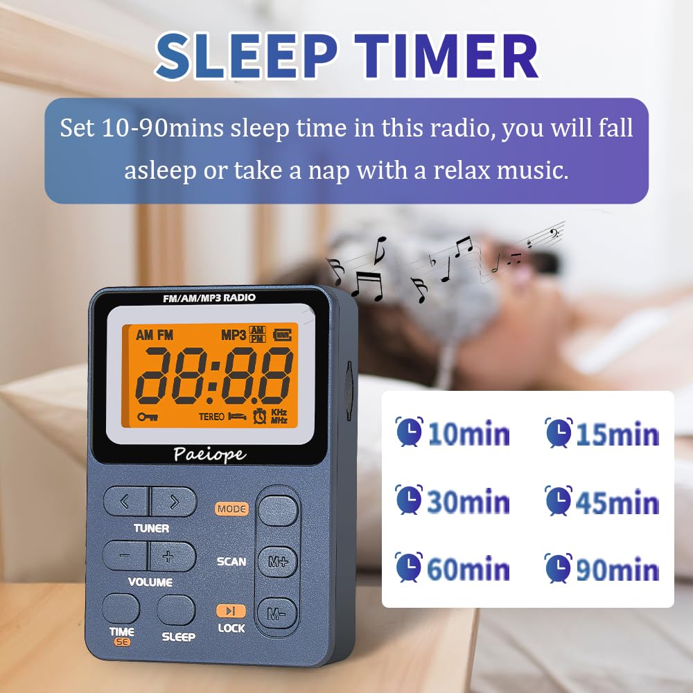Paeiope Portable Radio Am Fm, Rechargeable Pocket Walkman With Best Reception Digital Tuning, Mp3, Stereo Earphone, Large Lcd Sc