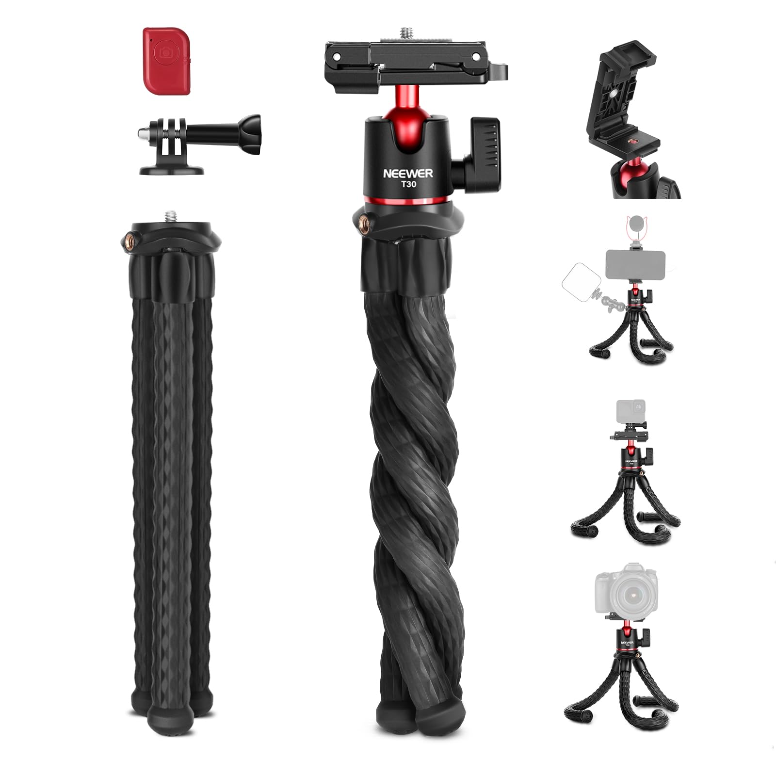 Neewer Camera Tripod With Remote, Mini Flexible Tripod Stand With Action Camera Mount Adapter For Hero 12 11 10 9, Hidden Phone 