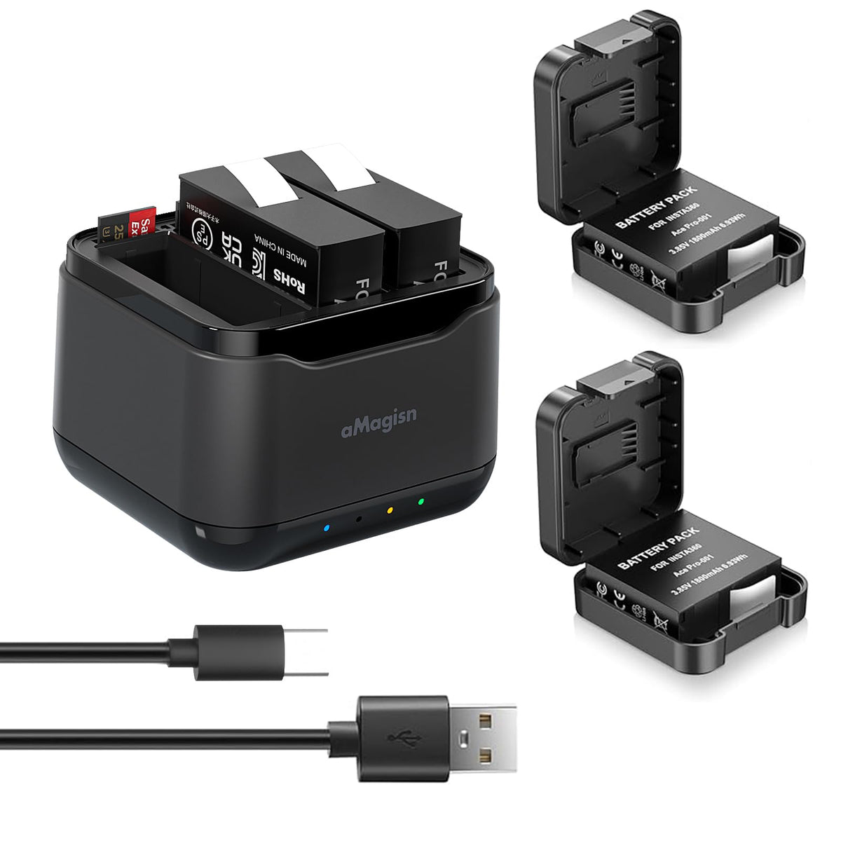 Rszfnjxry Fast Charger Hub For Insta360 Ace Pro/Ace,Fast Portable 3 Channel Battery Charging Storage Station