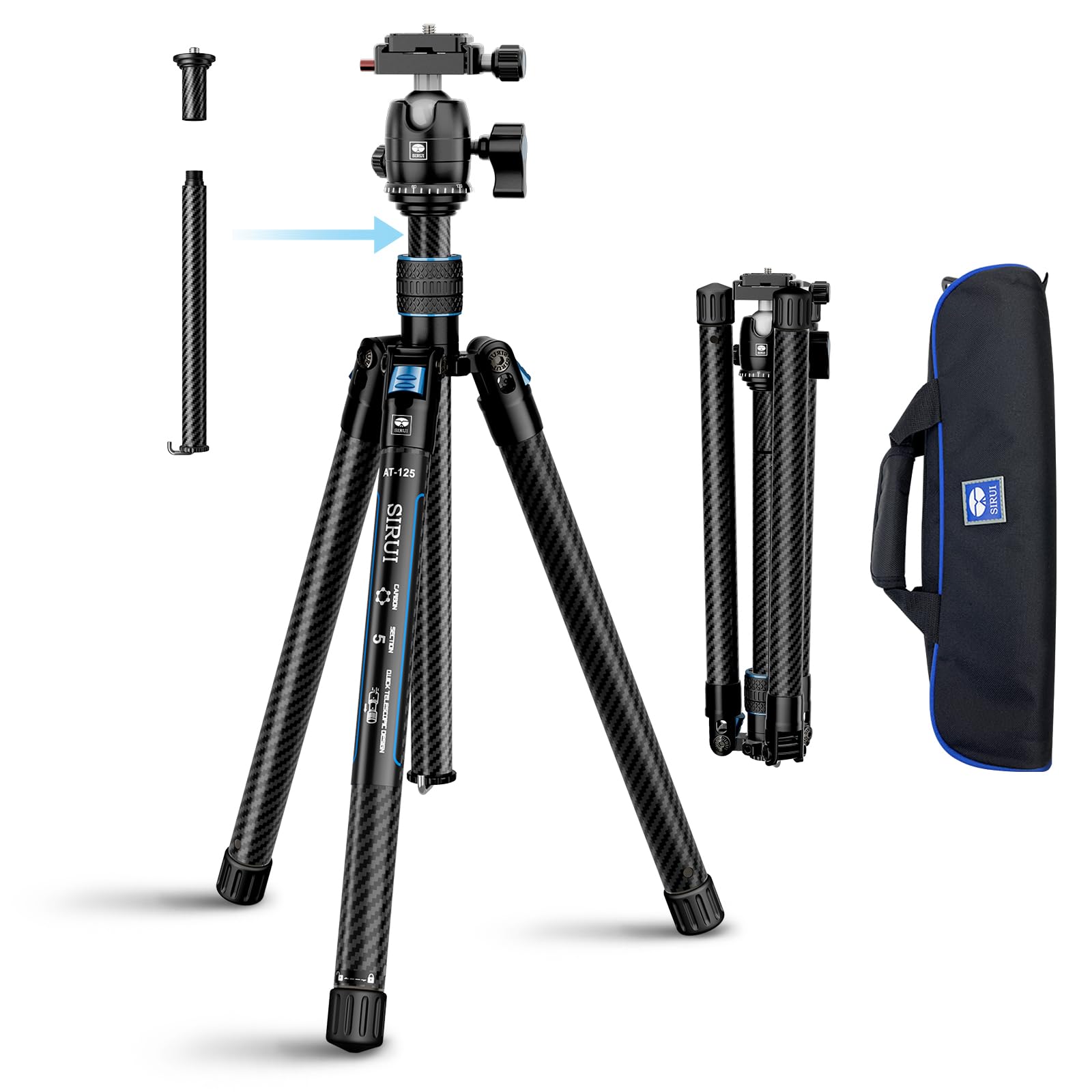 Sirui Carbon Fiber Tripod With B 00K Panoramic Ball Head, 59.8� Compact Lightweight Travel Tripod At 125, Quick Release Reverse Folding Legs, Reversible Center Column, Max Load 22Lbs   Traveler X I