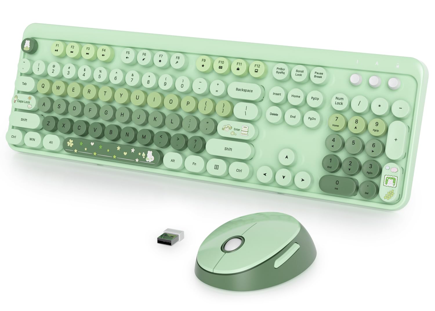 Fogruaden Green Keyboard And Mouse Wireless, Retro Typewriter Keyboard, 2.4Ghz 104 Keys Full Size Cute Keyboard With Number Pad,