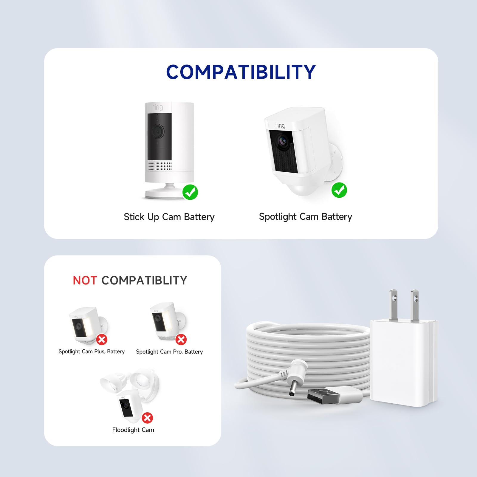 Ayotu 26Ft/8M Power Cord With Adapter For Ring Stick Up Cam Battery/Plug In 3Rd Gen, Indoor/Outdoor Weatherproof Power Cable Kee