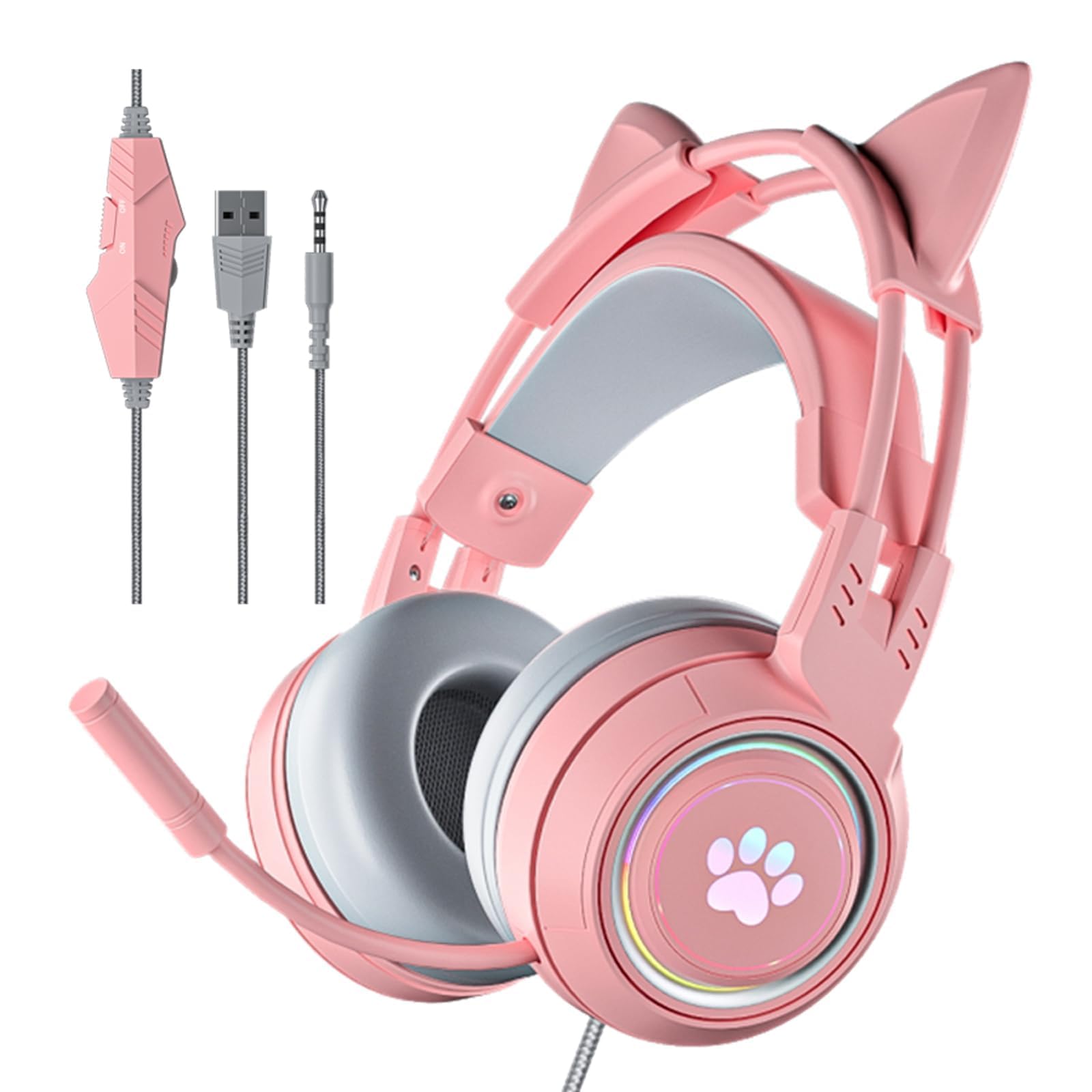 Xmenha Cat Ear Headphones Pink Gaming Headset with Mic for Switch Xbox One PS4 PS5, Cute Children Girl Kids Wired Headphones Lig