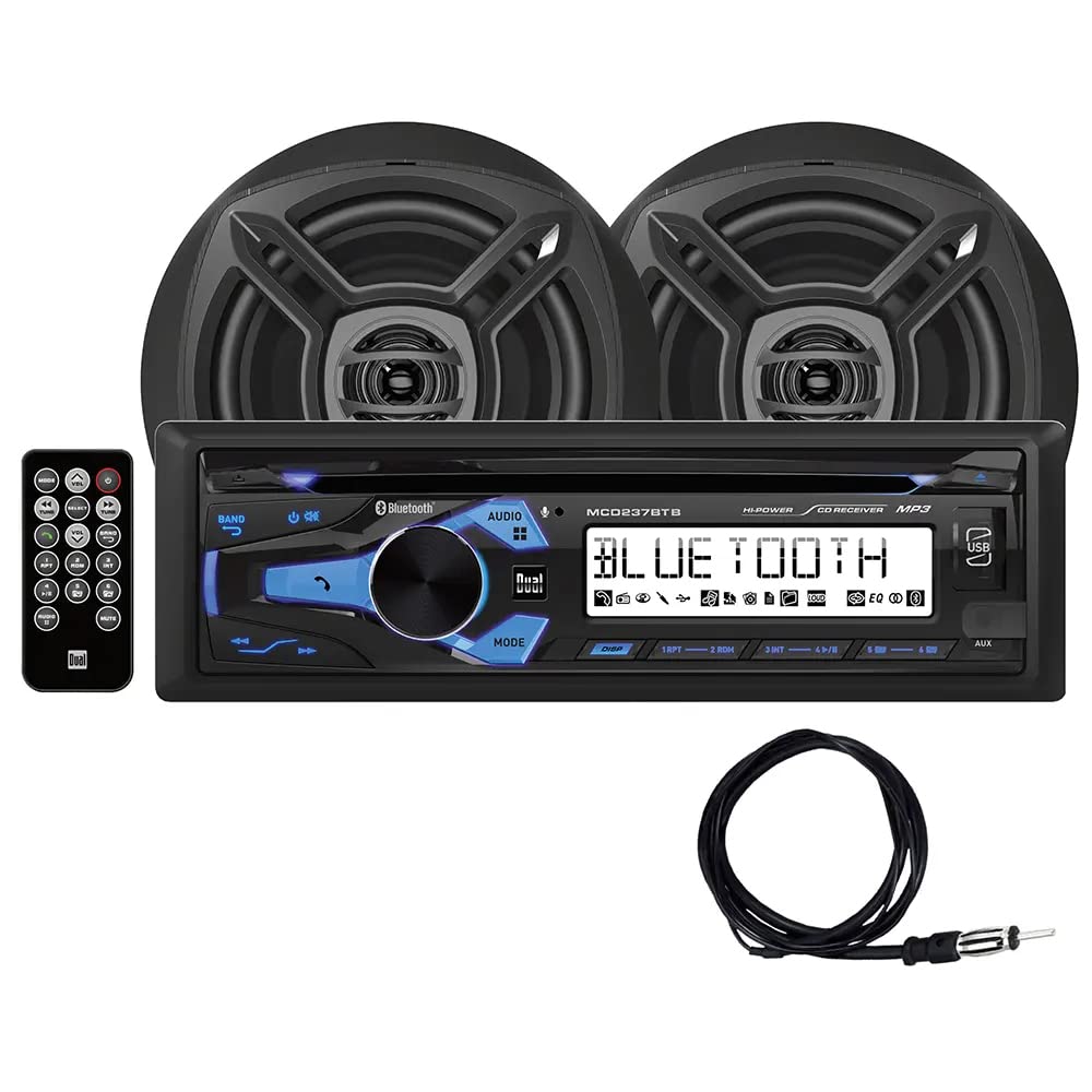 Dual MCP1237BTB Marine AM/FM/CD Receiver with Built-in Bluetooth + (2) 6.5 Speakers + Antenna | USB Playback with Charging