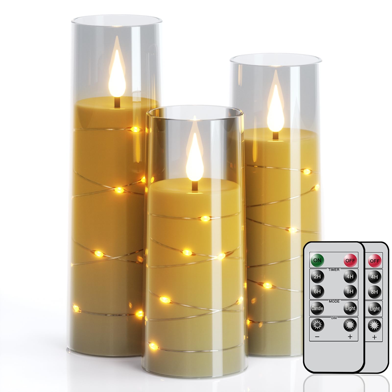 Genswin Flickering Flameless Candles With 2 Remote Timer, 3 Pack Led Battery Operated Candles With Embedded Star String, Battery