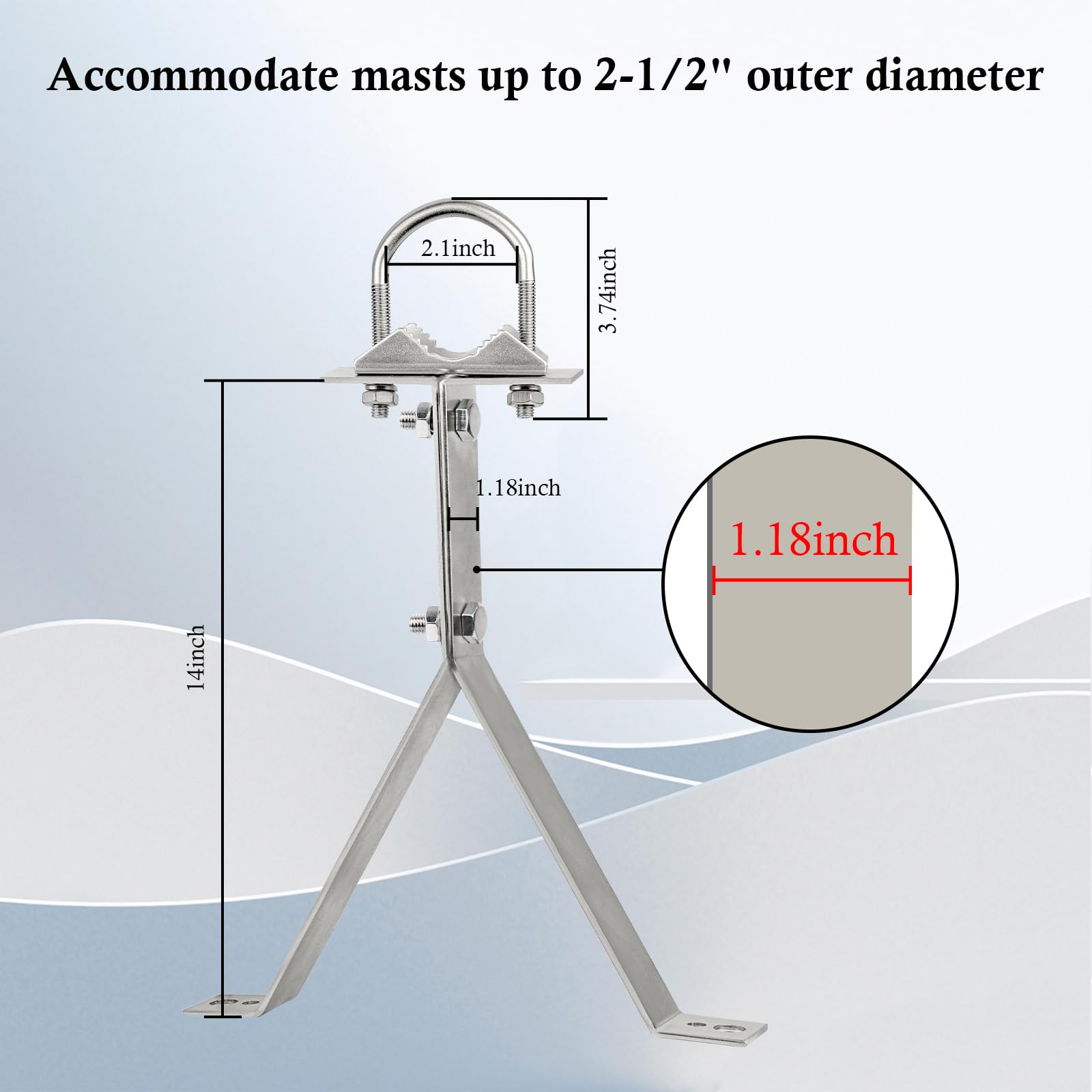 XRDS-RF Antenna Wall Mount Bracket, 14 Inch Heavy-Duty, Silver, 3-Leg + 2-Leg Design, Windproof for TV Antenna Mast
