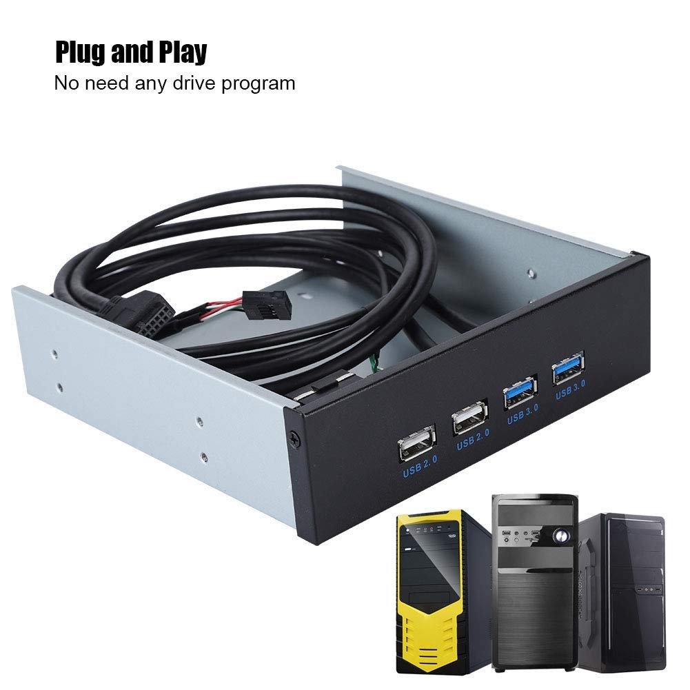 Ashata 5.25'' Front Panel,4 Usb Port Optical Drive Front Panel,Multifunction 5.25 Inch 19 Pin/9Pin To Usb 3.0 Usb 2.0 4 Port Met