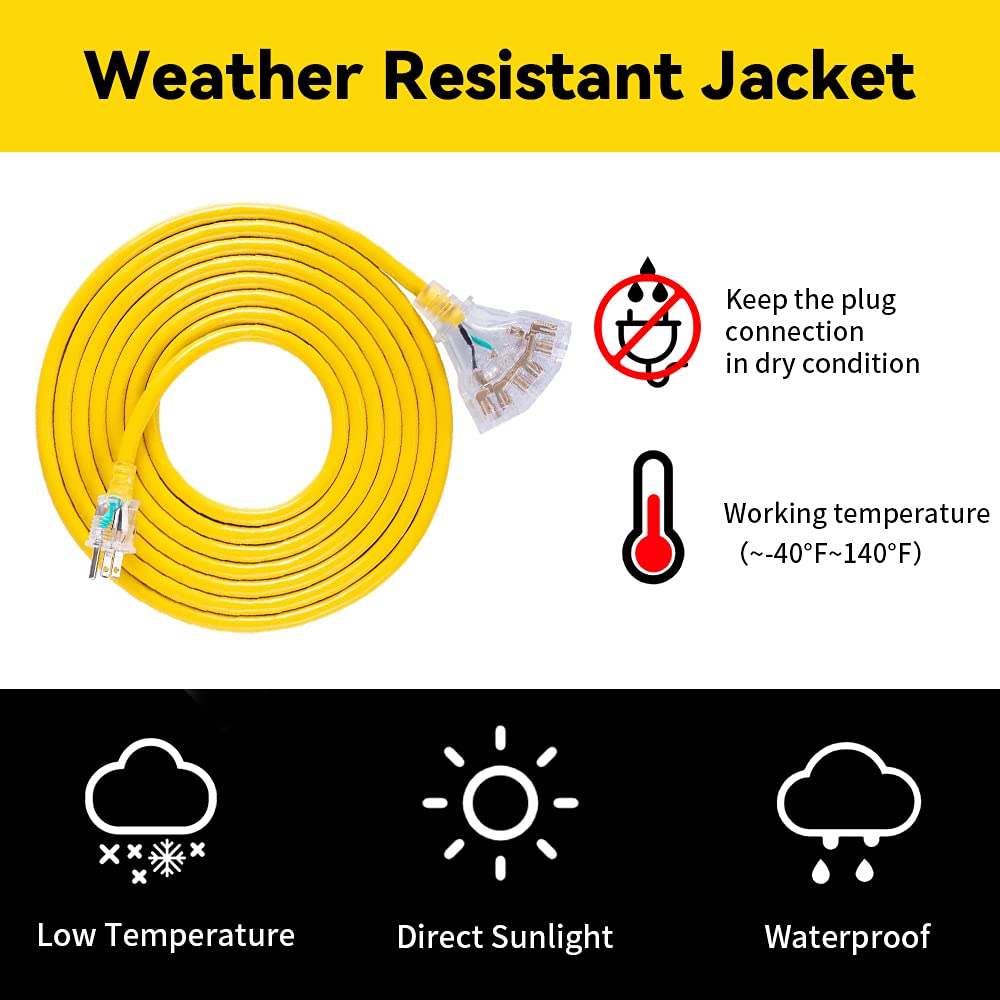 Ep 2 Pack 25 Ft Lighted Outdoor Extension Cord With 3 Electrical Power Outlets   12/3 Sjtw Heavy Duty Yellow Extension Cable Wit