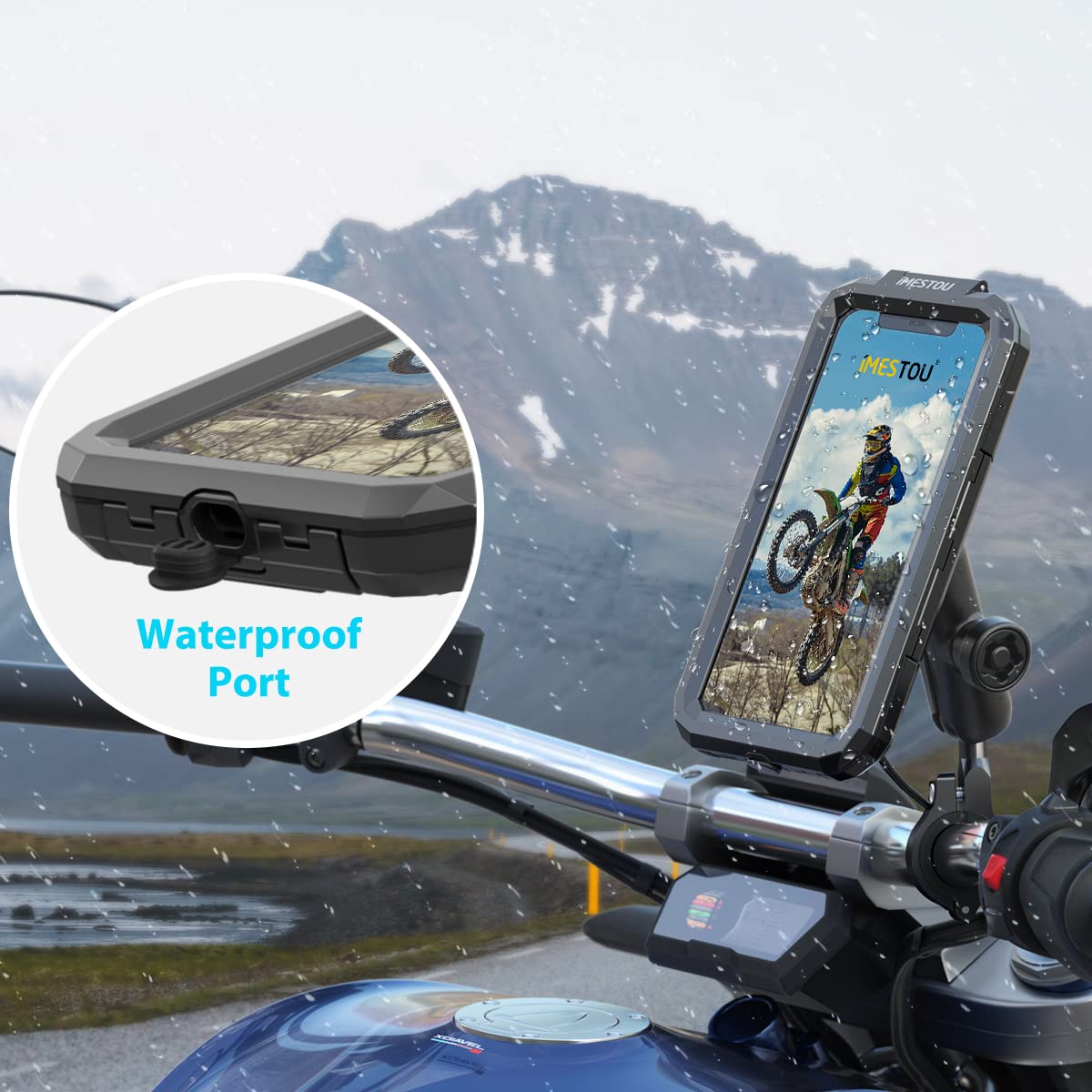 Imestou Anti Theft Waterproof Motorcycle Phone Holder Bike Phone Mount 1'' Ball Handlebar Stem Mobile Holder With Double Socket