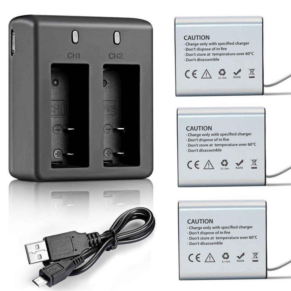 VVHOOY 3x1350mAh Action Camera Battery, Rechargeable Batteries with USB Dual Charger, Compatible with AKASO EK7000/Brave 4/Drago