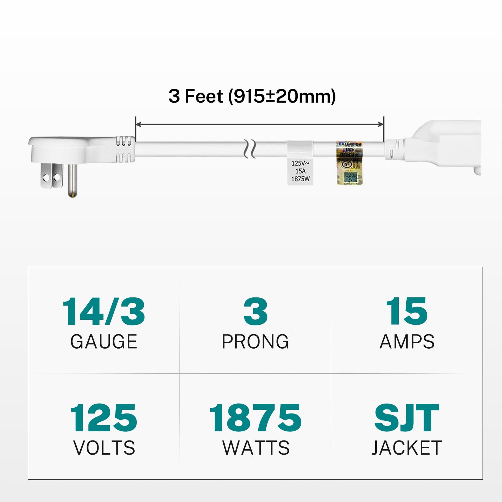 Firmerst 1875W Flat Plug Extension Cord 3 Feet 14 Awg 15A White, 3 Packs