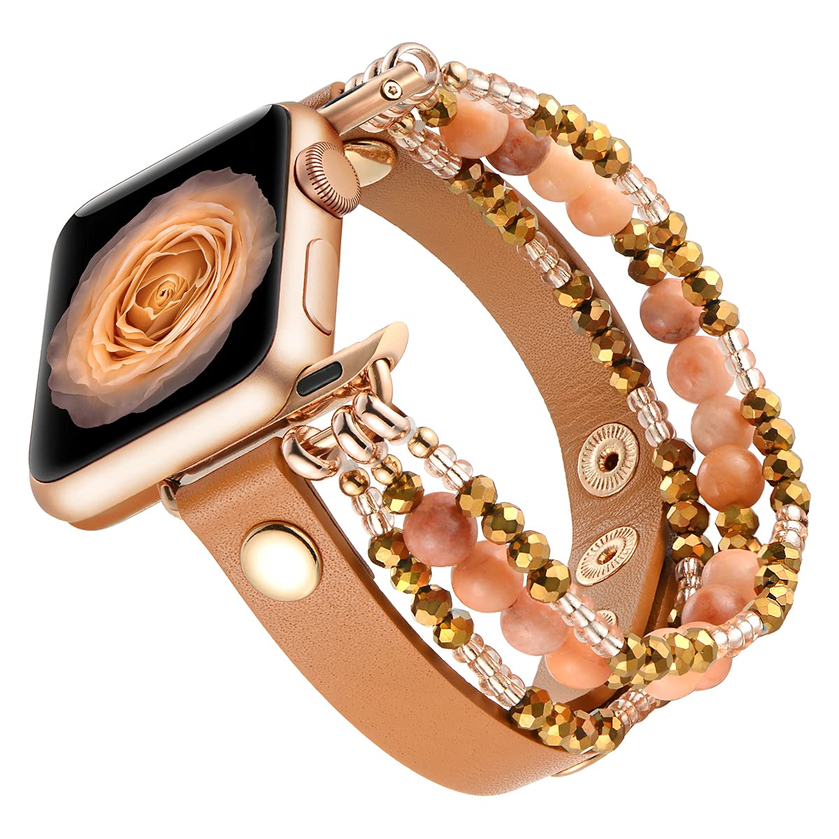 Fastgo Bracelet Band Compatible With Apple Watch 40Mm 38Mm 41Mm Women, Elastic Beaded Leather Strap For Iwatch Se& Series 9 Ultr