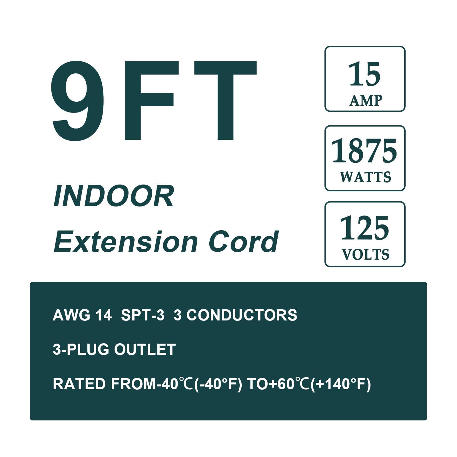 Ep 9 Ft Heavy Duty Appliance Extension Cord   14 Gauge 3 Prong Grounded Cable Wire, Ideal For Air Conditioners, Refrigerators, M
