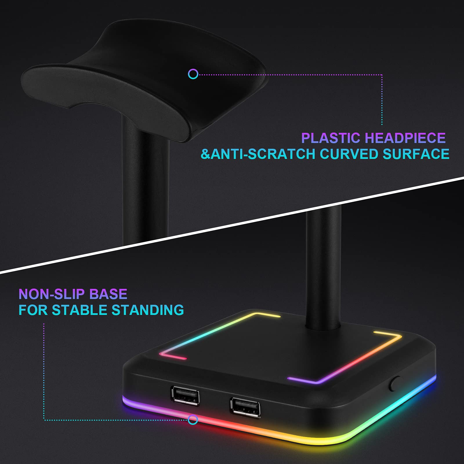 Teedor Headphone Stand, Rgb Gaming Headset Holder With 2 Usb Charger Ports & 10 Lighting Modes For Desktop Pc Game Earphone Acce