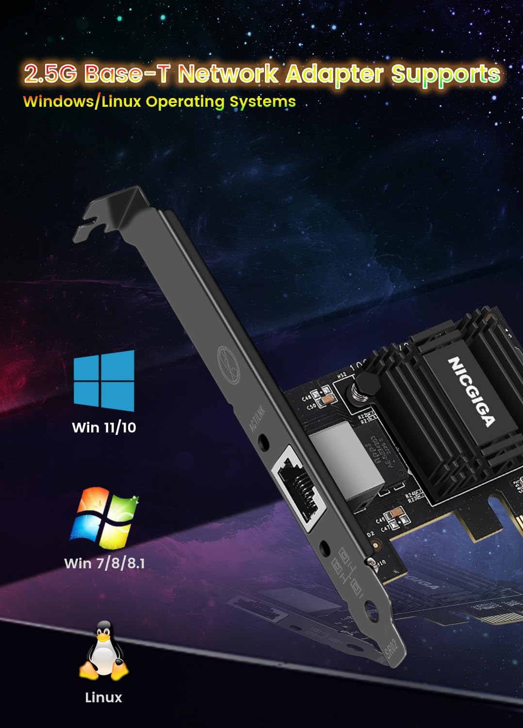Nicgiga 2.5G Base T Pcie Network Adapter, Realtek Rtl8125B 2.5Gbps/1Gbps/100Mbps Pci Express Gigabit Network Card Convert To Eth